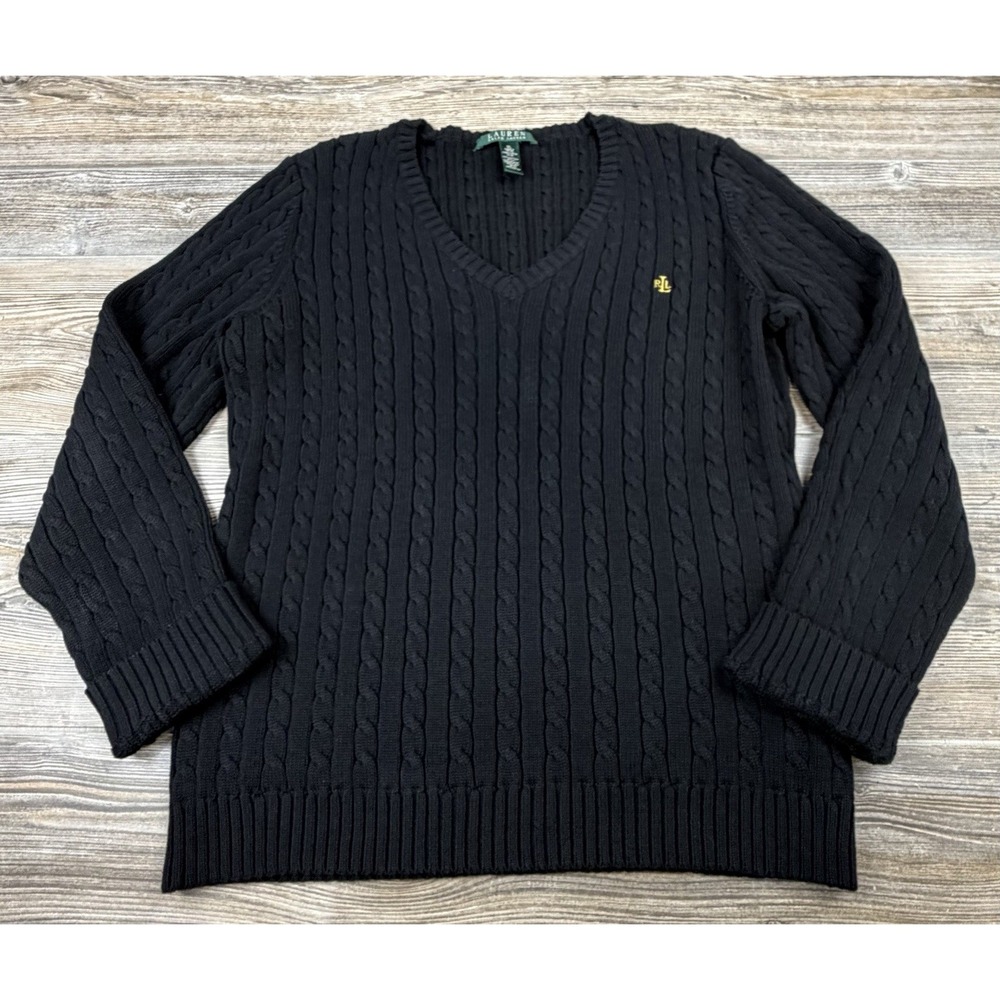 Lauren Ralph Lauren Sweater Women's XL Black Cotton V Neck Cable Knit Pullover